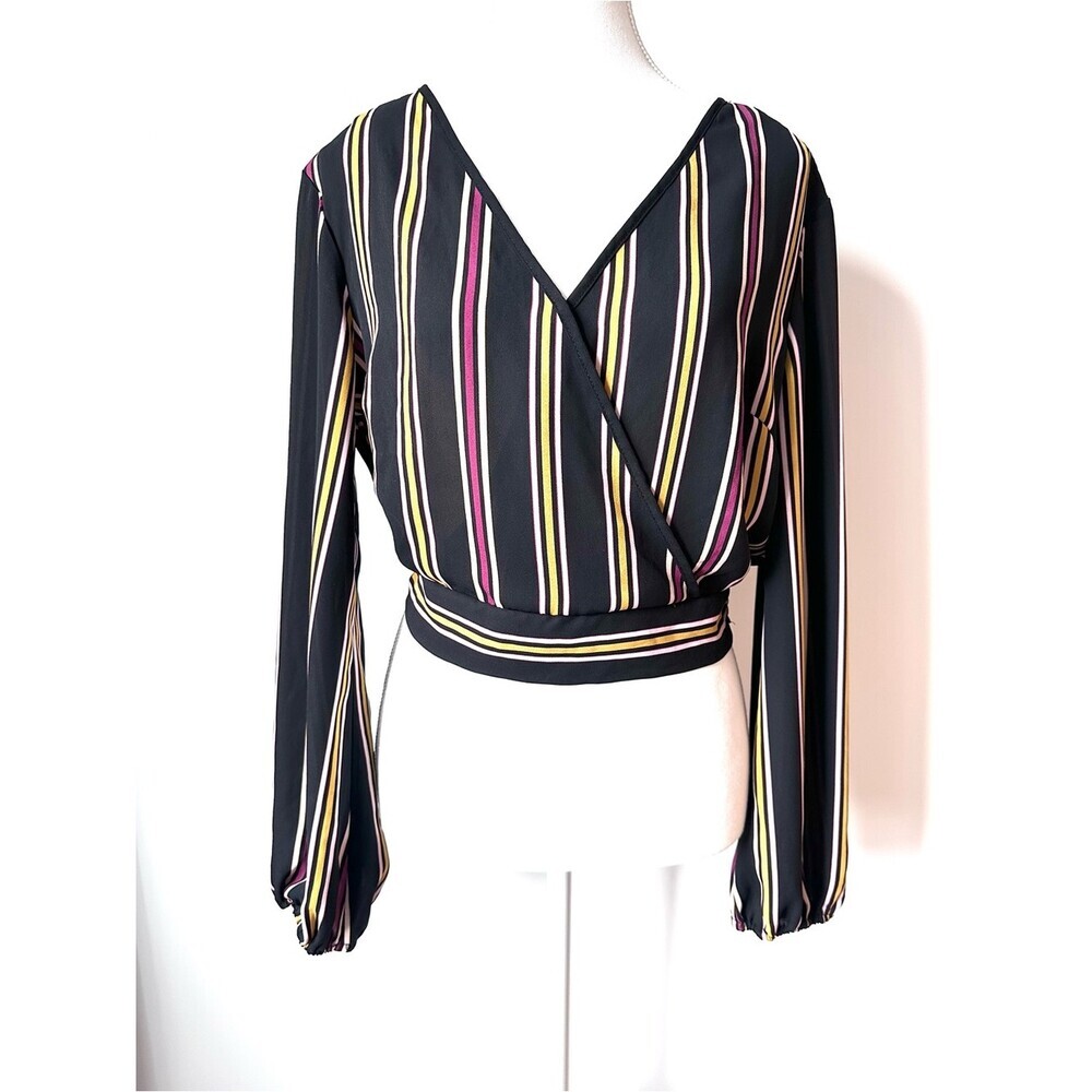 Band of Gypsies Wrap Blouse Deep V Vertical Stripes Black Plum Yellow - Large